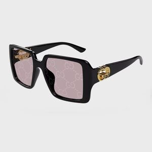 Gucci GG1692S 006 Sunglasses Black Square Frame, Pink with GG Pattern Lenses